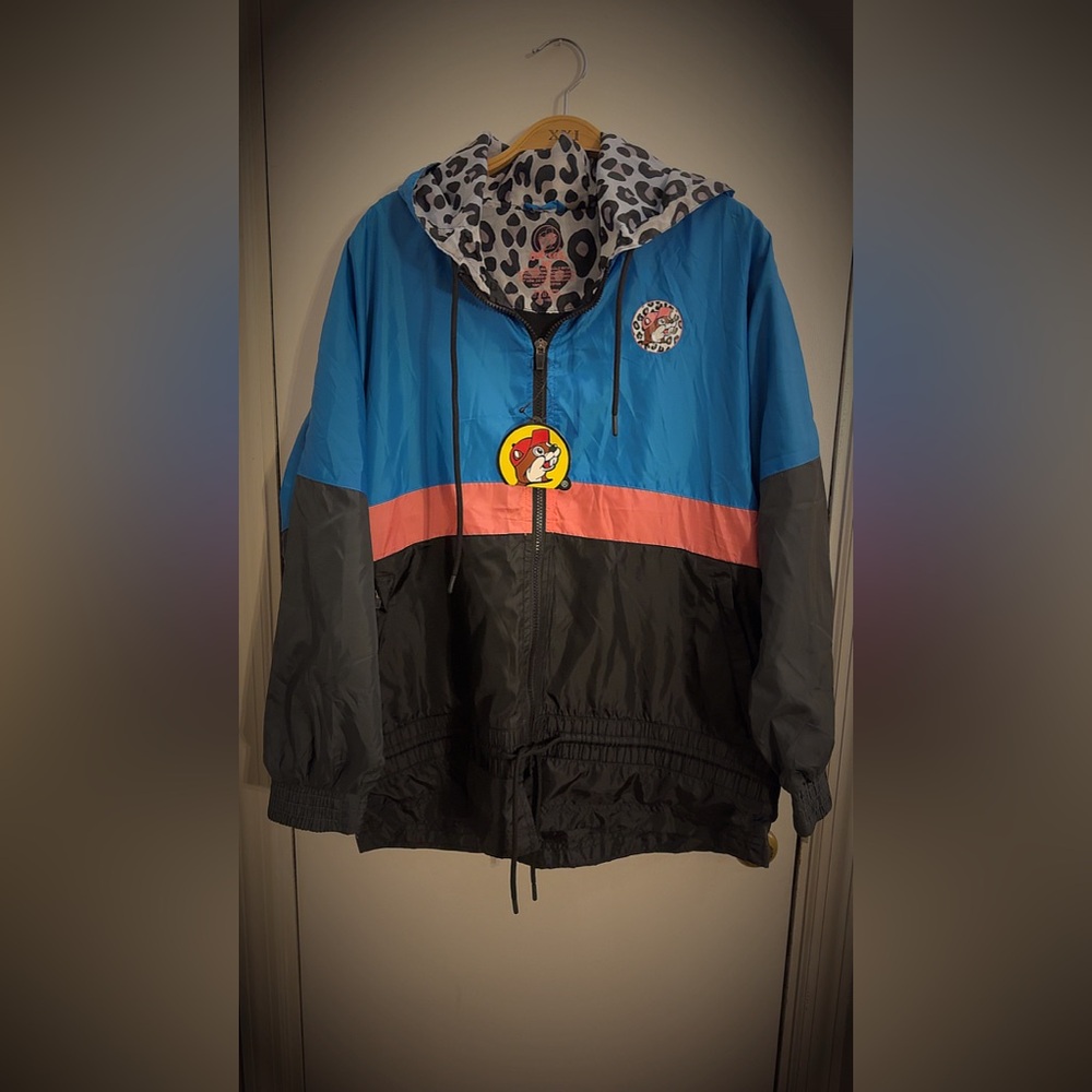 Stylish Blue and Pink Raincoat with Animal Print Hood